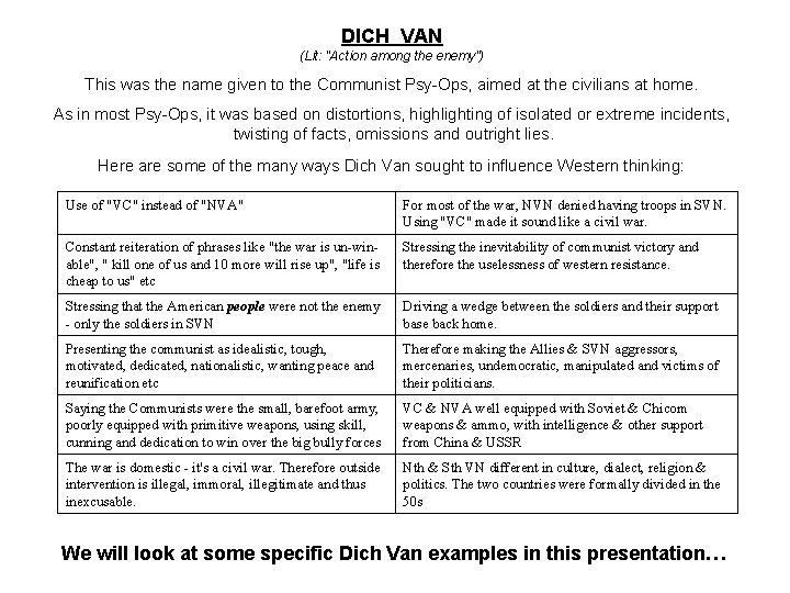 DICH VAN (Lit: "Action among the enemy") This was the name given to the