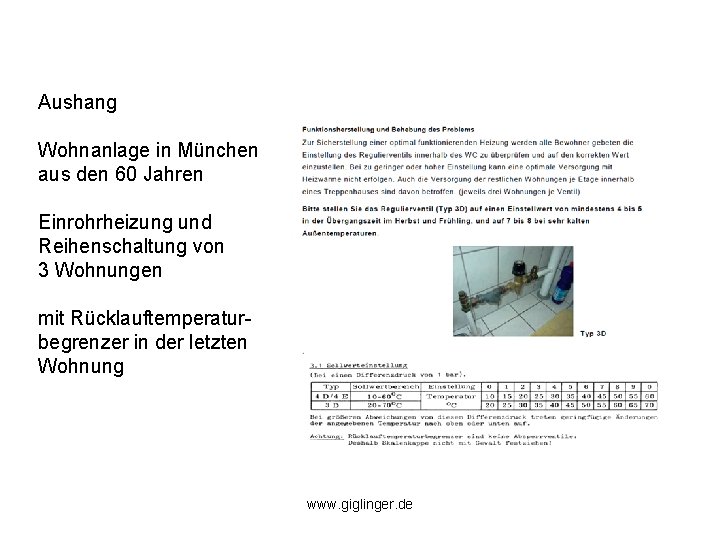 Aushang Wohnanlage in München aus den 60 Jahren Einrohrheizung und Reihenschaltung von 3 Wohnungen