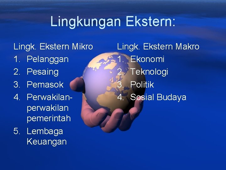 Lingkungan Ekstern: Lingk. Ekstern Mikro 1. Pelanggan 2. Pesaing 3. Pemasok 4. Perwakilanperwakilan pemerintah