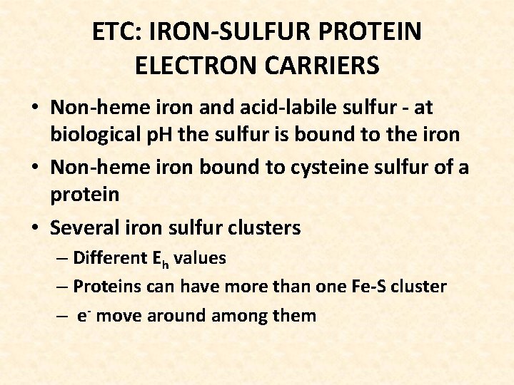 ETC: IRON-SULFUR PROTEIN ELECTRON CARRIERS • Non-heme iron and acid-labile sulfur - at biological