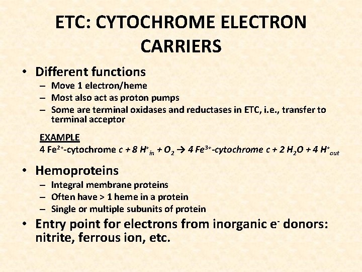 ETC: CYTOCHROME ELECTRON CARRIERS • Different functions – Move 1 electron/heme – Most also