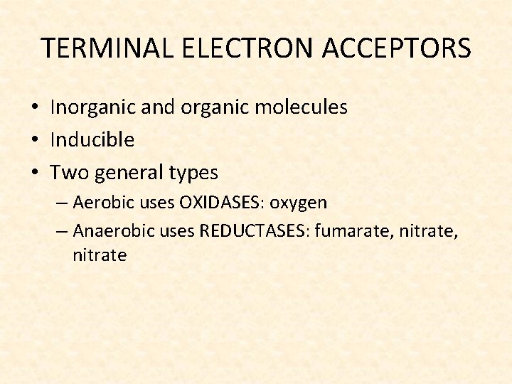 TERMINAL ELECTRON ACCEPTORS • Inorganic and organic molecules • Inducible • Two general types