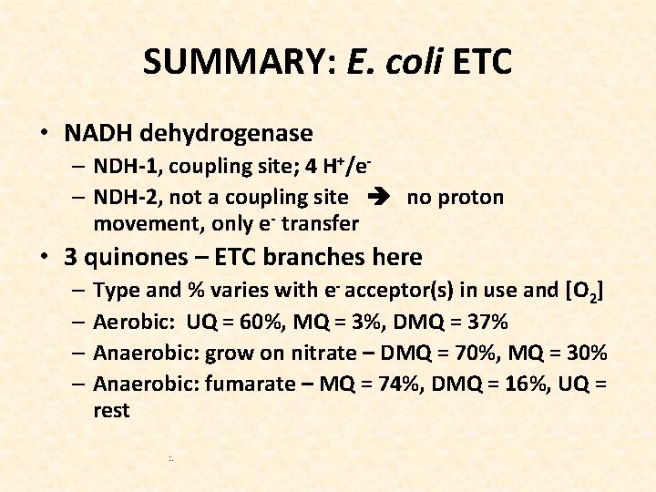 SUMMARY: E. coli ETC • NADH dehydrogenase – NDH-1, coupling site; 4 H+/e– NDH-2,