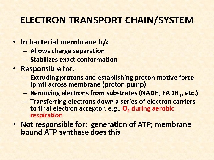 ELECTRON TRANSPORT CHAIN/SYSTEM • In bacterial membrane b/c – Allows charge separation – Stabilizes