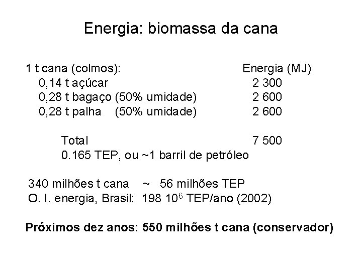 Energia: biomassa da cana 1 t cana (colmos): 0, 14 t açúcar 0, 28