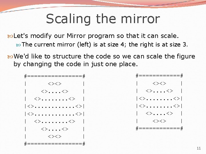 Scaling the mirror Let's modify our Mirror program so that it can scale. The Scaling the mirror Let's modify our Mirror program so that it can scale. The