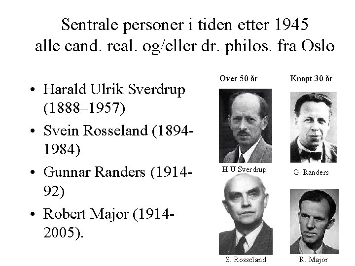 Sentrale personer i tiden etter 1945 alle cand. real. og/eller dr. philos. fra Oslo