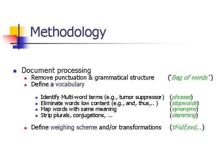 Methodology n Document processing n n Remove punctuation & grammatical structure Define a vocabulary