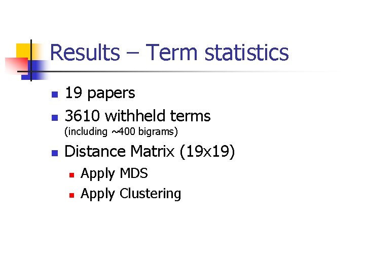 Results – Term statistics n n 19 papers 3610 withheld terms (including ~400 bigrams)