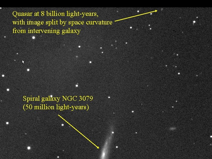 Quasar at 8 billion light-years, with image split by space curvature from intervening galaxy