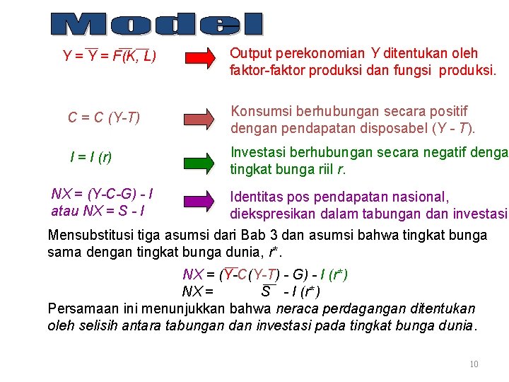 Y = F(K, L) Output perekonomian Y ditentukan oleh faktor-faktor produksi dan fungsi produksi.