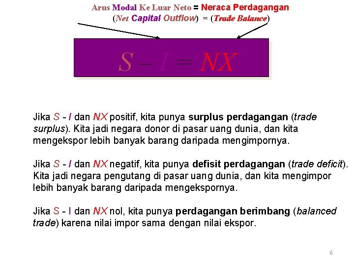 Arus Modal Ke Luar Neto = Neraca Perdagangan (Net Capital Outflow) = (Trade Balance)