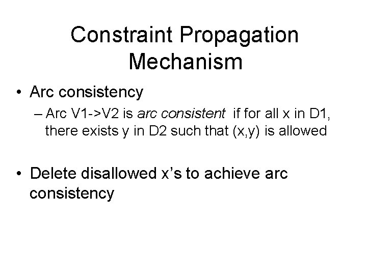 Constraint Propagation Mechanism • Arc consistency – Arc V 1 ->V 2 is arc