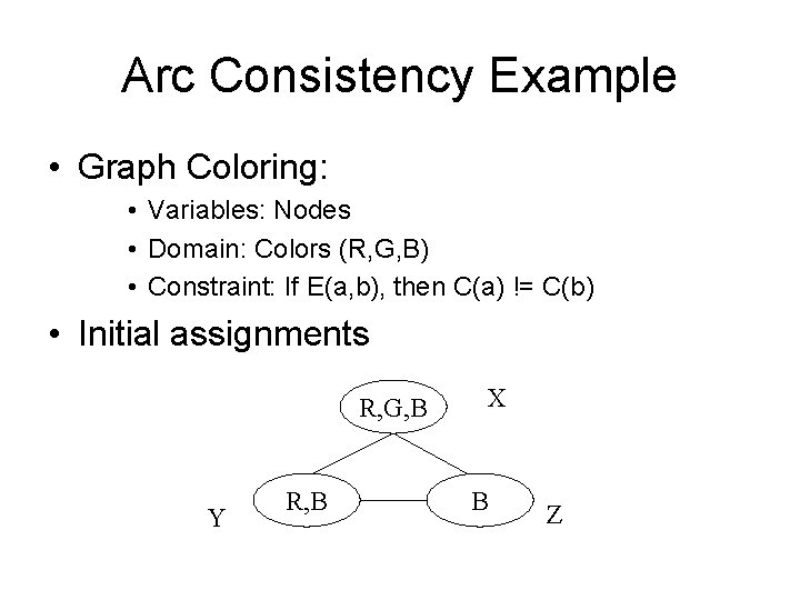 Arc Consistency Example • Graph Coloring: • Variables: Nodes • Domain: Colors (R, G,