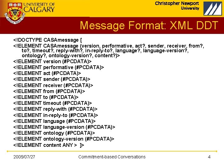 Christopher Newport University Message Format: XML DDT <!DOCTYPE CASAmessage [ <!ELEMENT CASAmessage (version, performative,