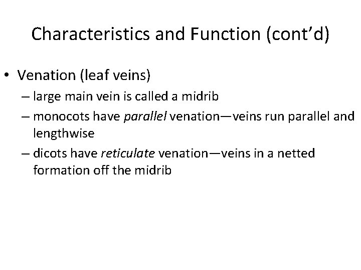 Characteristics and Function (cont’d) • Venation (leaf veins) – large main vein is called