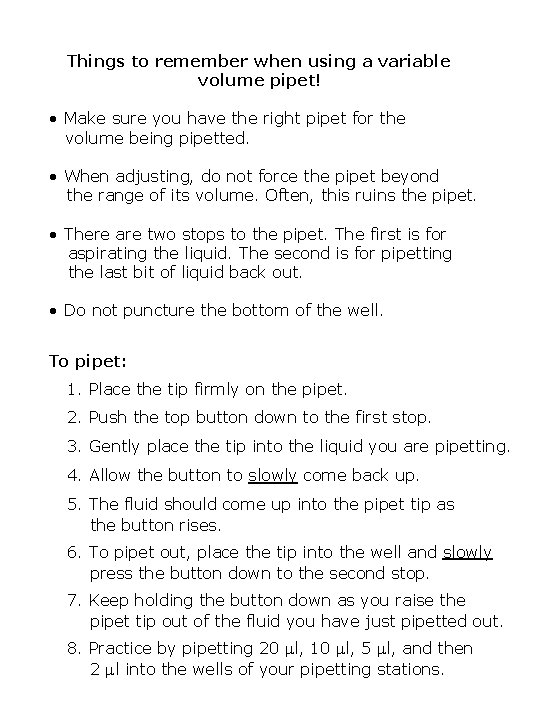 Pipetting Basics How to read a pipet Examples
