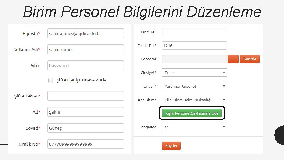 Birim Personel Bilgilerini Düzenleme 