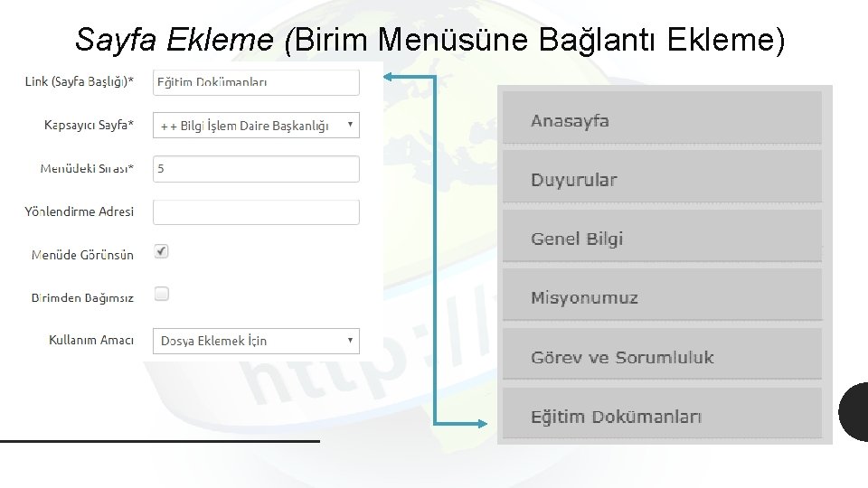 Sayfa Ekleme (Birim Menüsüne Bağlantı Ekleme) 