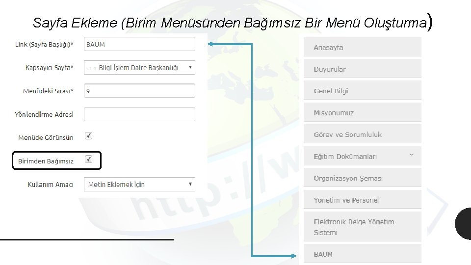 Sayfa Ekleme (Birim Menüsünden Bağımsız Bir Menü Oluşturma) 