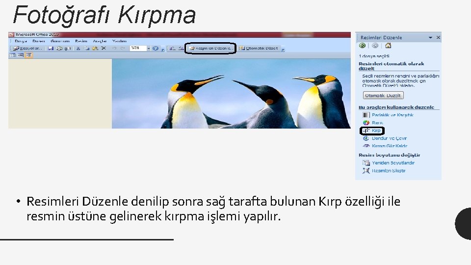 Fotoğrafı Kırpma • Resimleri Düzenle denilip sonra sağ tarafta bulunan Kırp özelliği ile resmin