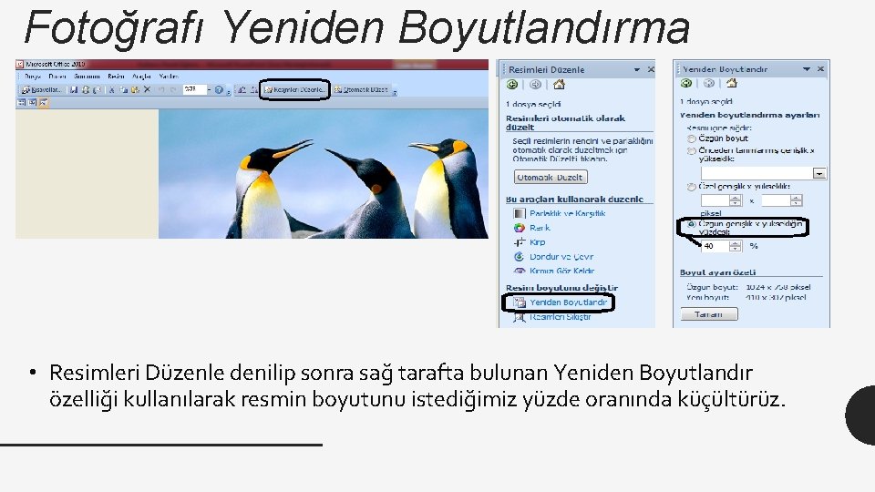 Fotoğrafı Yeniden Boyutlandırma • Resimleri Düzenle denilip sonra sağ tarafta bulunan Yeniden Boyutlandır özelliği