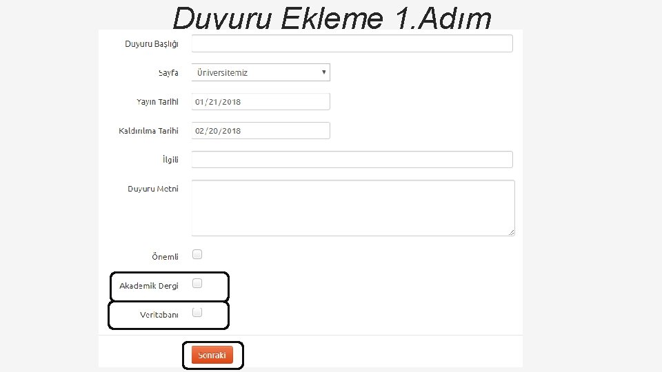 Duyuru Ekleme 1. Adım 