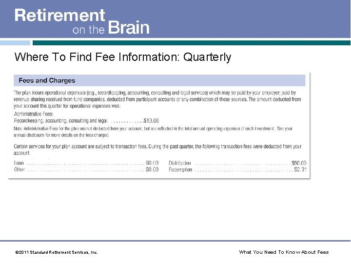 Where To Find Fee Information: Quarterly © 2011 Standard Retirement Services, Inc. What You