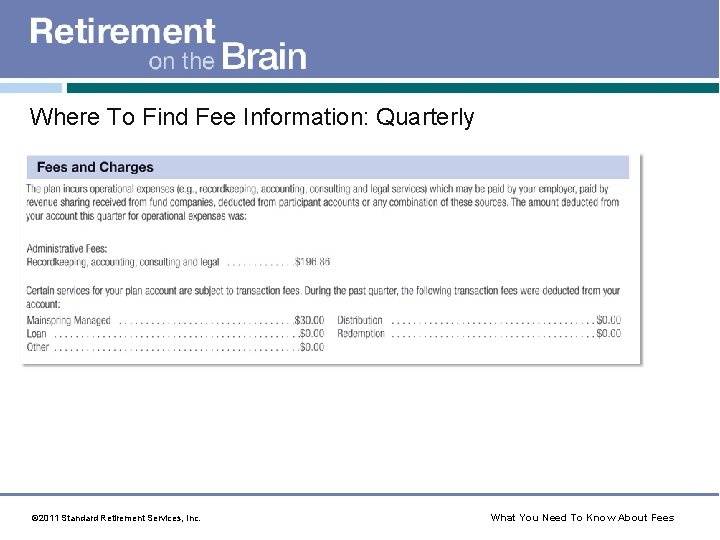 Where To Find Fee Information: Quarterly © 2011 Standard Retirement Services, Inc. What You