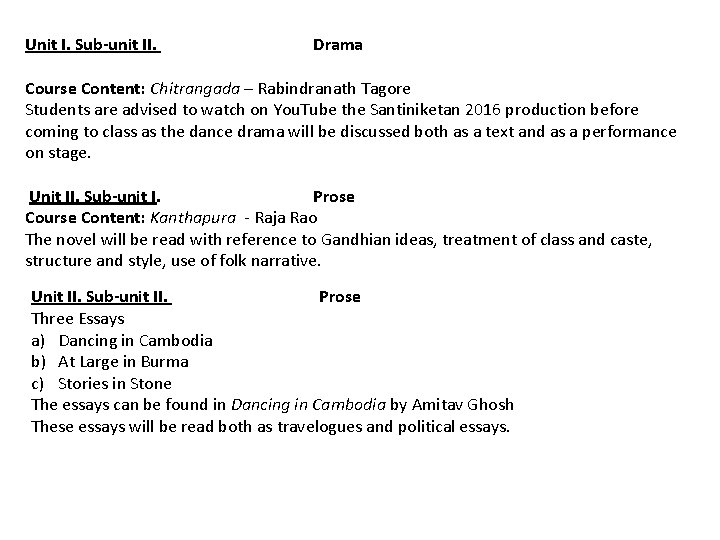 Unit I. Sub-unit II. Drama Course Content: Chitrangada – Rabindranath Tagore Students are advised