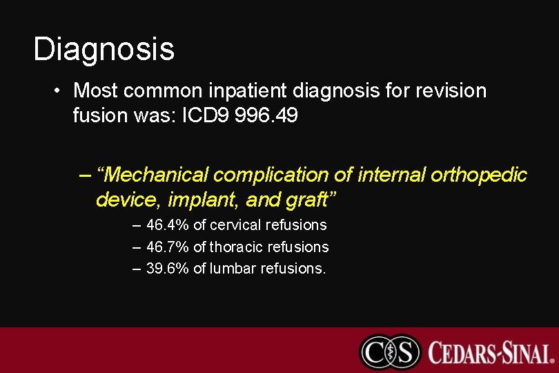 Diagnosis • Most common inpatient diagnosis for revision fusion was: ICD 9 996. 49