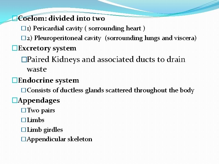 �Coelom: divided into two � 1) Pericardial cavity ( sorrounding heart ) � 2)