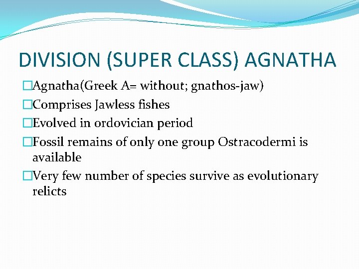 DIVISION (SUPER CLASS) AGNATHA �Agnatha(Greek A= without; gnathos-jaw) �Comprises Jawless fishes �Evolved in ordovician