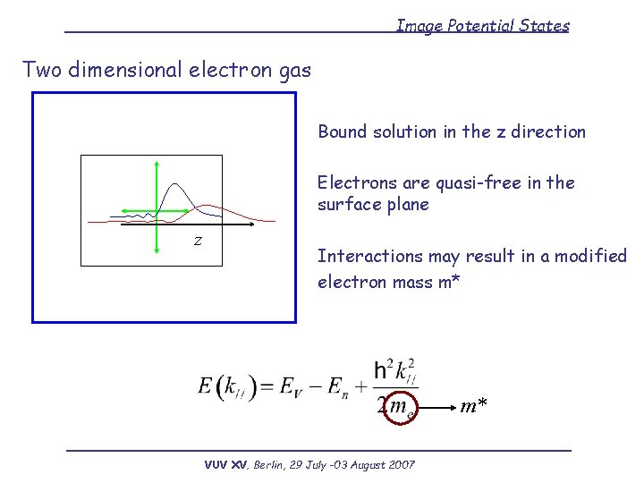 Image Potential States Two dimensional electron gas Bound solution in the z direction Electrons