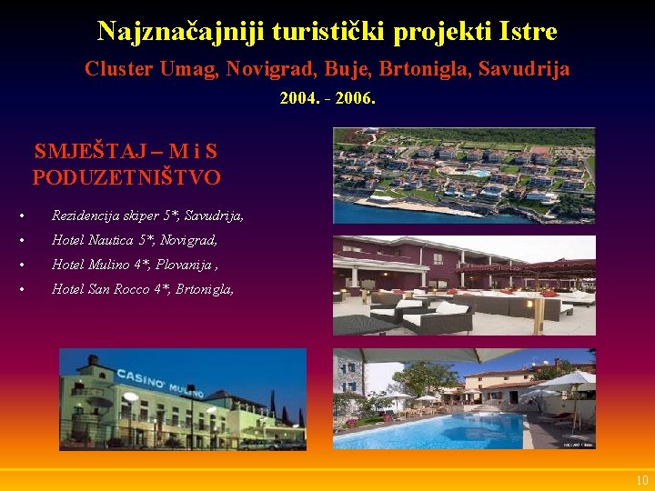 Najznačajniji turistički projekti Istre Cluster Umag, Novigrad, Buje, Brtonigla, Savudrija 2004. - 2006. SMJEŠTAJ