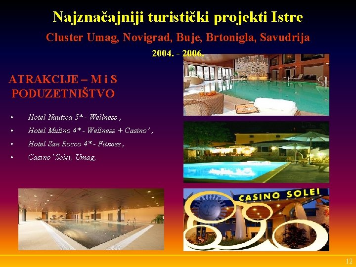 Najznačajniji turistički projekti Istre Cluster Umag, Novigrad, Buje, Brtonigla, Savudrija 2004. - 2006. ATRAKCIJE
