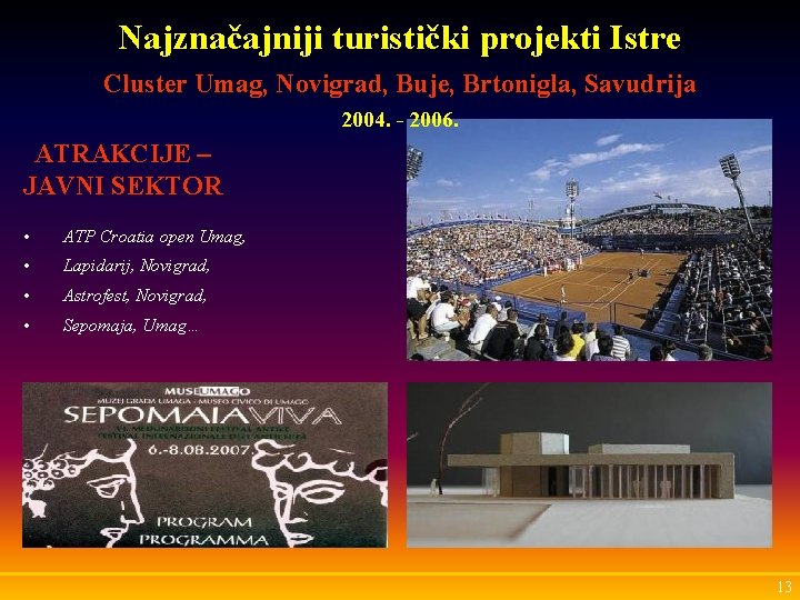 Najznačajniji turistički projekti Istre Cluster Umag, Novigrad, Buje, Brtonigla, Savudrija 2004. - 2006. ATRAKCIJE