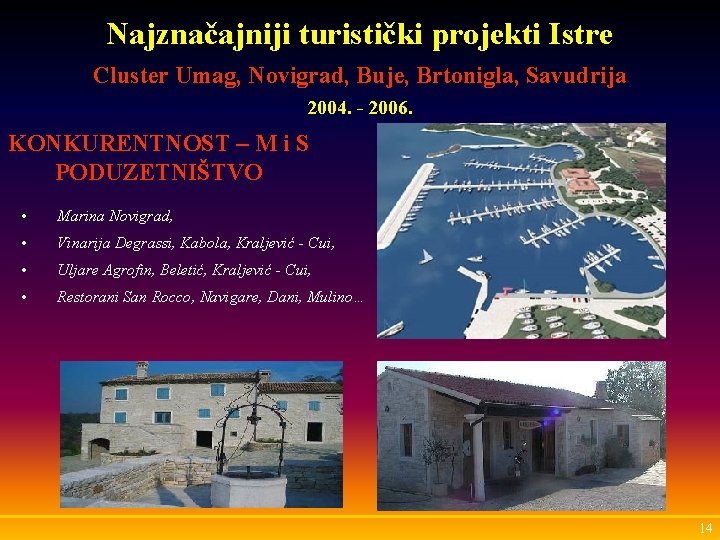 Najznačajniji turistički projekti Istre Cluster Umag, Novigrad, Buje, Brtonigla, Savudrija 2004. - 2006. KONKURENTNOST