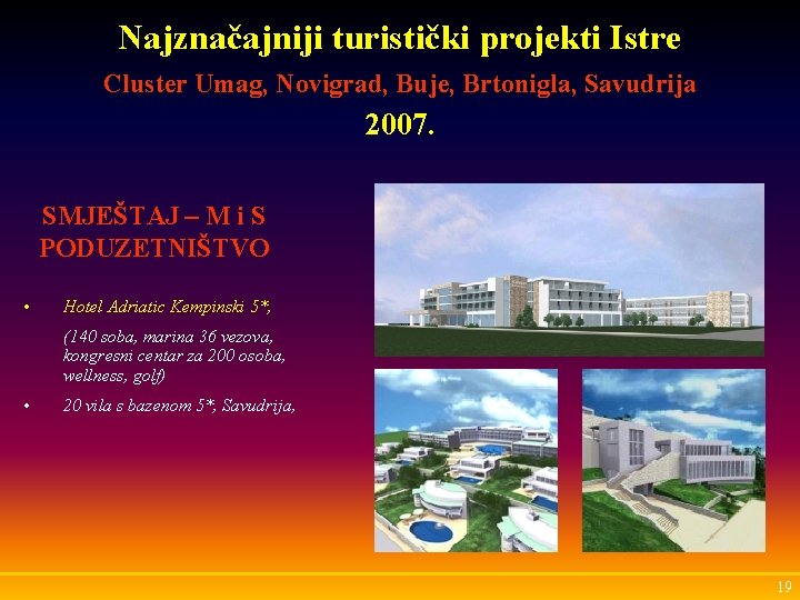 Najznačajniji turistički projekti Istre Cluster Umag, Novigrad, Buje, Brtonigla, Savudrija 2007. SMJEŠTAJ – M
