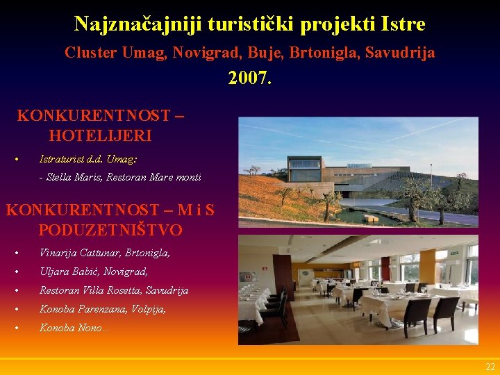 Najznačajniji turistički projekti Istre Cluster Umag, Novigrad, Buje, Brtonigla, Savudrija 2007. KONKURENTNOST – HOTELIJERI
