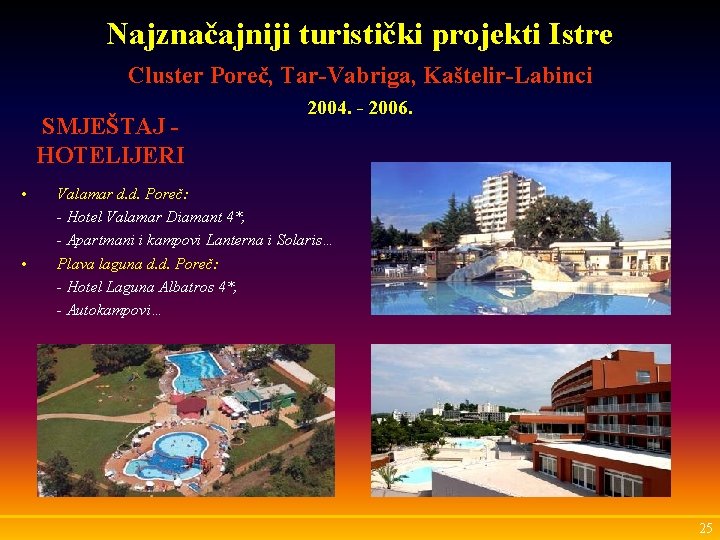 Najznačajniji turistički projekti Istre Cluster Poreč, Tar-Vabriga, Kaštelir-Labinci SMJEŠTAJ HOTELIJERI • • 2004. -