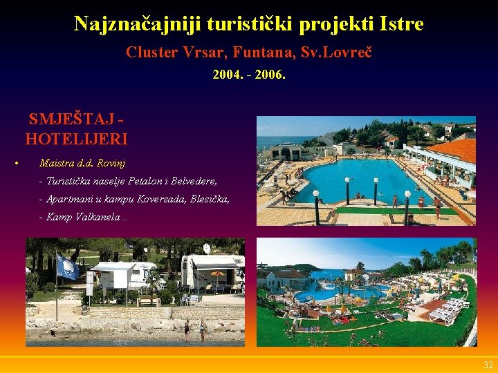 Najznačajniji turistički projekti Istre Cluster Vrsar, Funtana, Sv. Lovreč 2004. - 2006. SMJEŠTAJ HOTELIJERI