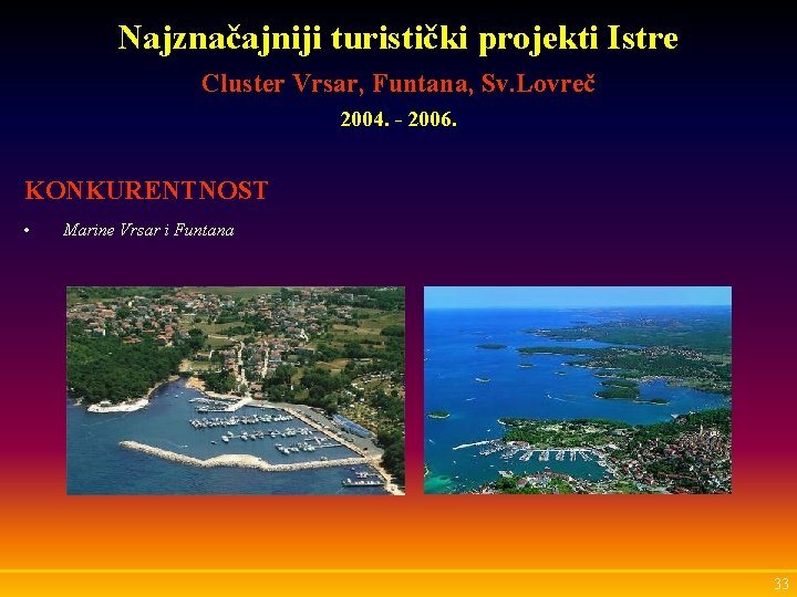 Najznačajniji turistički projekti Istre Cluster Vrsar, Funtana, Sv. Lovreč 2004. - 2006. KONKURENTNOST •