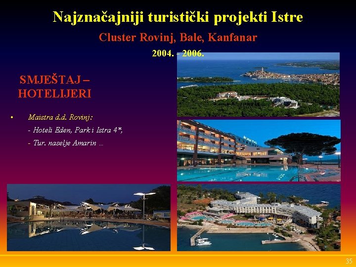 Najznačajniji turistički projekti Istre Cluster Rovinj, Bale, Kanfanar 2004. - 2006. SMJEŠTAJ – HOTELIJERI