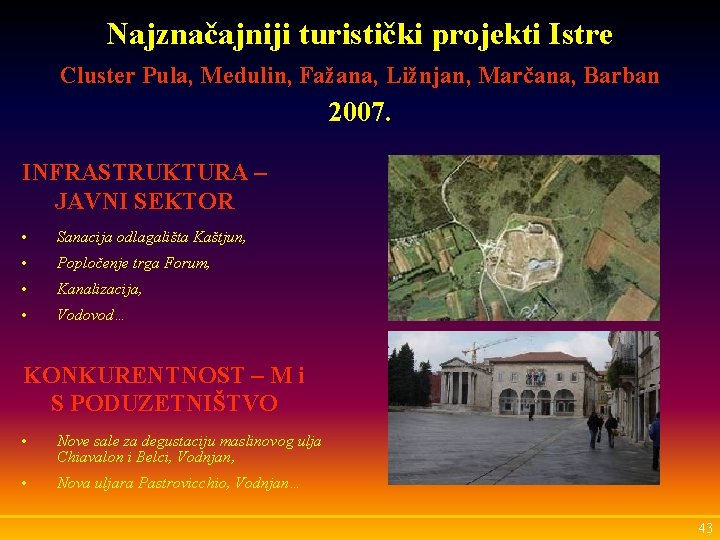 Najznačajniji turistički projekti Istre Cluster Pula, Medulin, Fažana, Ližnjan, Marčana, Barban 2007. INFRASTRUKTURA –