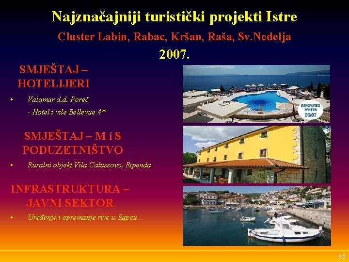 Najznačajniji turistički projekti Istre Cluster Labin, Rabac, Kršan, Raša, Sv. Nedelja 2007. SMJEŠTAJ –