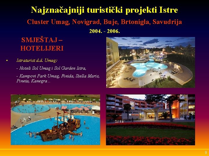 Najznačajniji turistički projekti Istre Cluster Umag, Novigrad, Buje, Brtonigla, Savudrija 2004. - 2006. SMJEŠTAJ