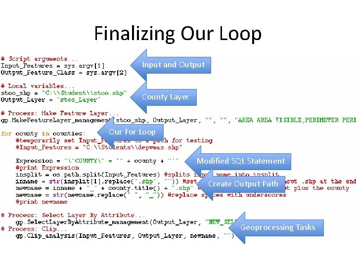 Finalizing Our Loop Input and Output County Layer Our For Loop Modified SQL Statement