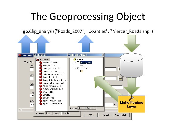 The Geoprocessing Object gp. Clip_analysis("Roads_2007", "Counties", "Mercer_Roads. shp") 