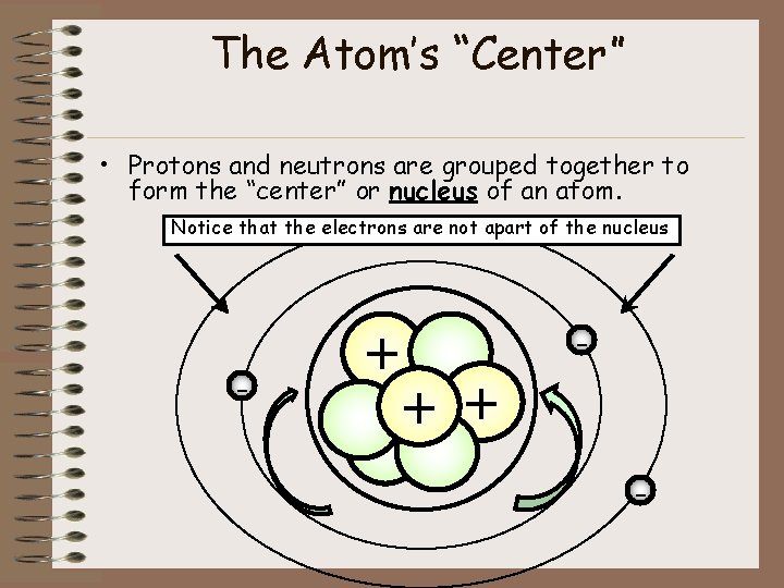 The Atom’s “Center” • Protons and neutrons are grouped together to form the “center”